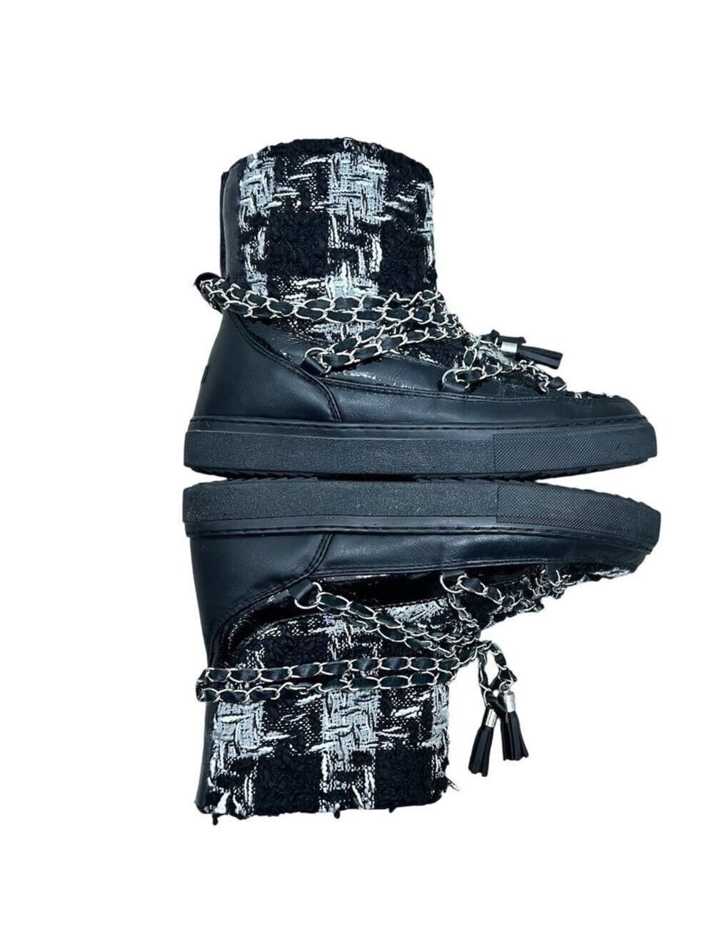 Inuikii Black White Tartan Tweed Sherpa lined chain detail Winter Boots EU 38/7 - Picture 6 of 14